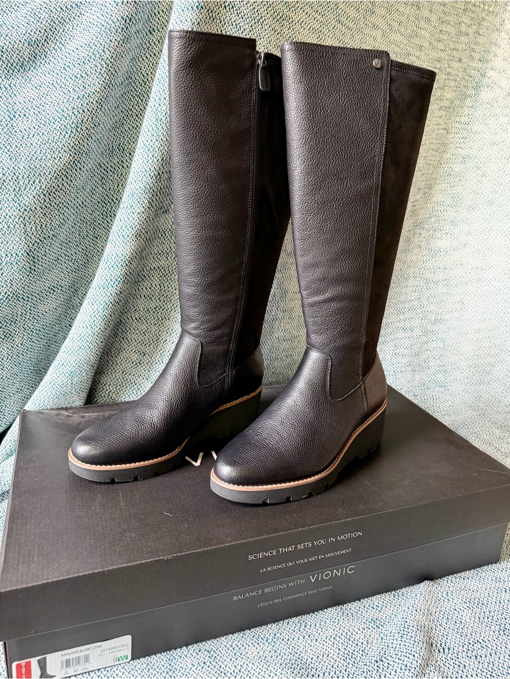 Vionic Ashland Black Leather Wide Calf Knee High Wedge Boots Size 9W NIB